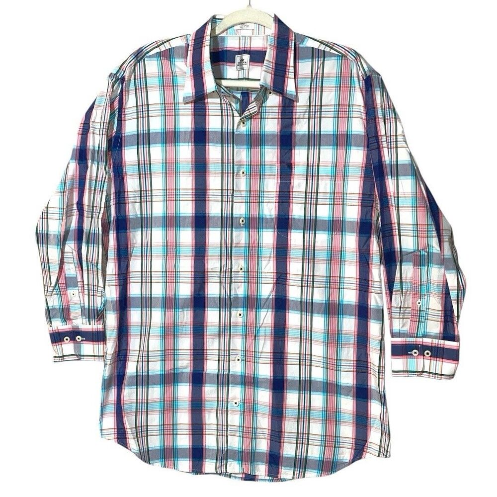 Peter Millar Shirt Blue Plaid Long Sleeve Casual Preppy Button Down Men Size L